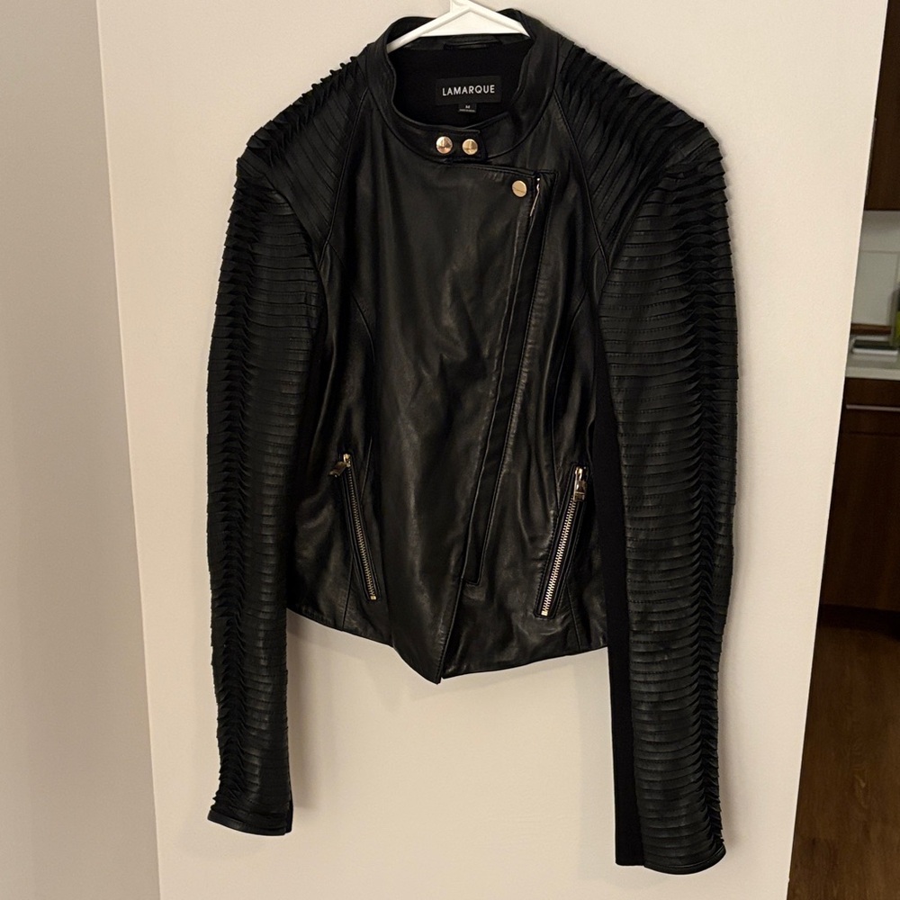 Lamarque AZRA Black Leather Jacket with Ribbed Sleeves
